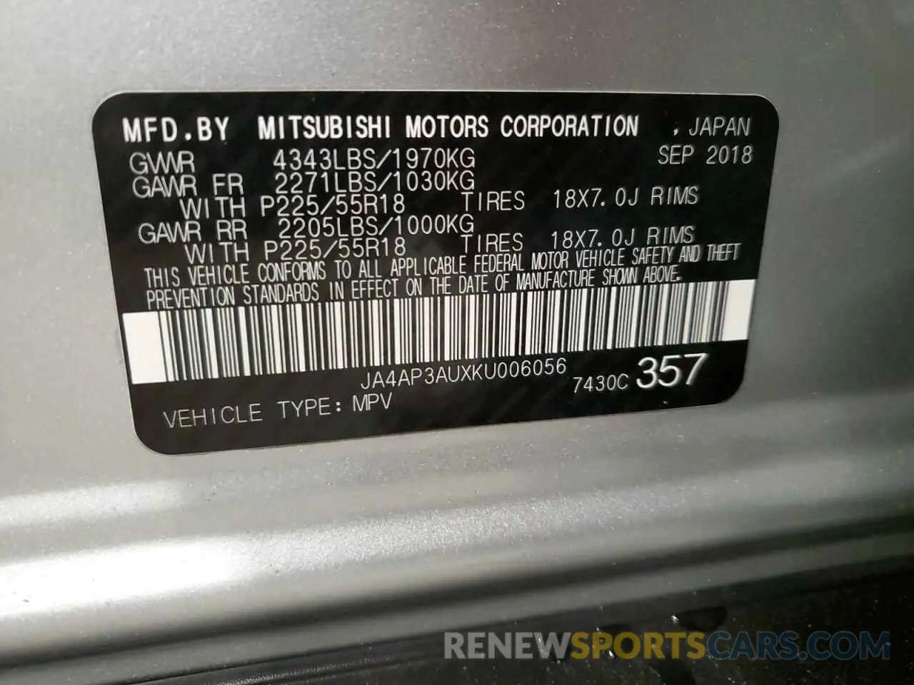 13 Photograph of a damaged car JA4AP3AUXKU006056 MITSUBISHI OUTLANDER 2019