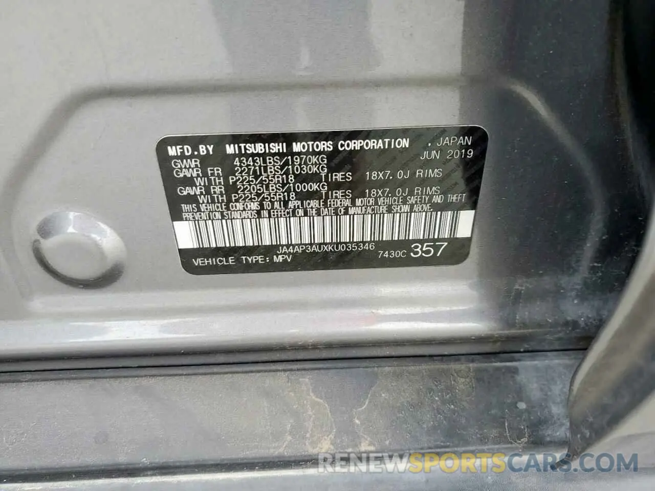 13 Photograph of a damaged car JA4AP3AUXKU035346 MITSUBISHI OUTLANDER 2019