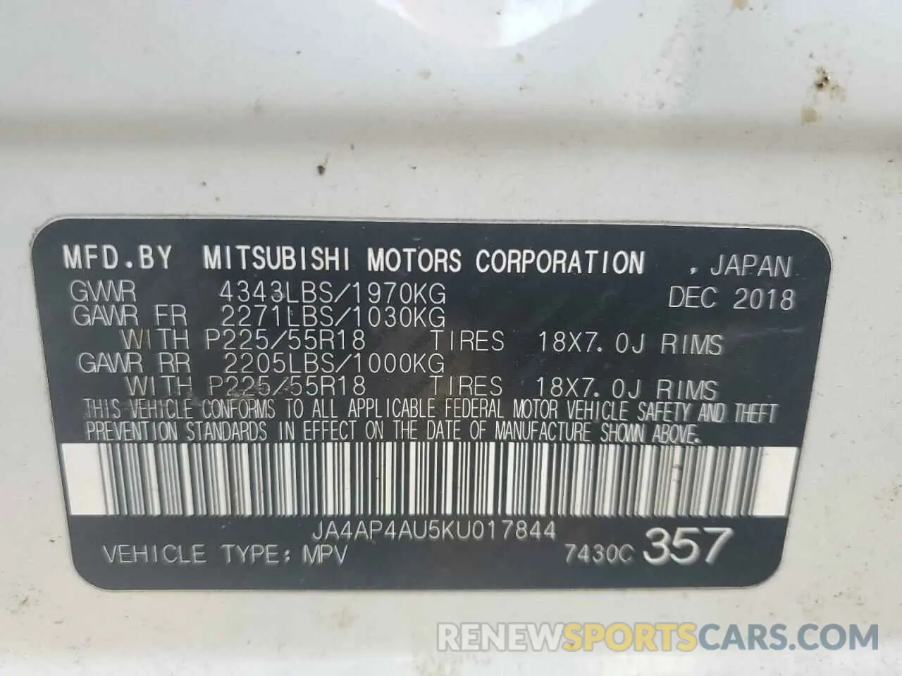 15 Photograph of a damaged car JA4AP4AU5KU017844 MITSUBISHI OUTLANDER 2019