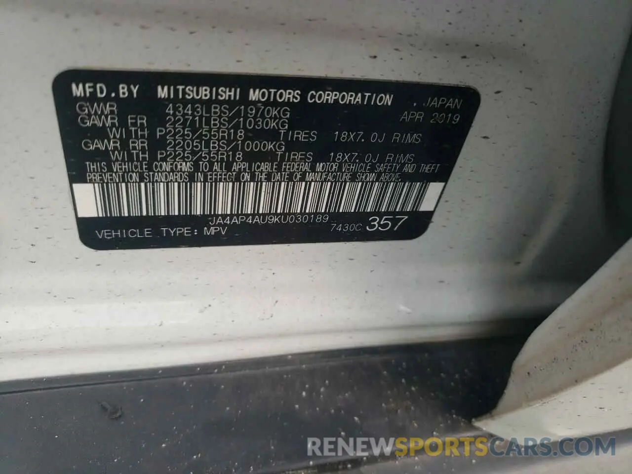 13 Photograph of a damaged car JA4AP4AU9KU030189 MITSUBISHI OUTLANDER 2019