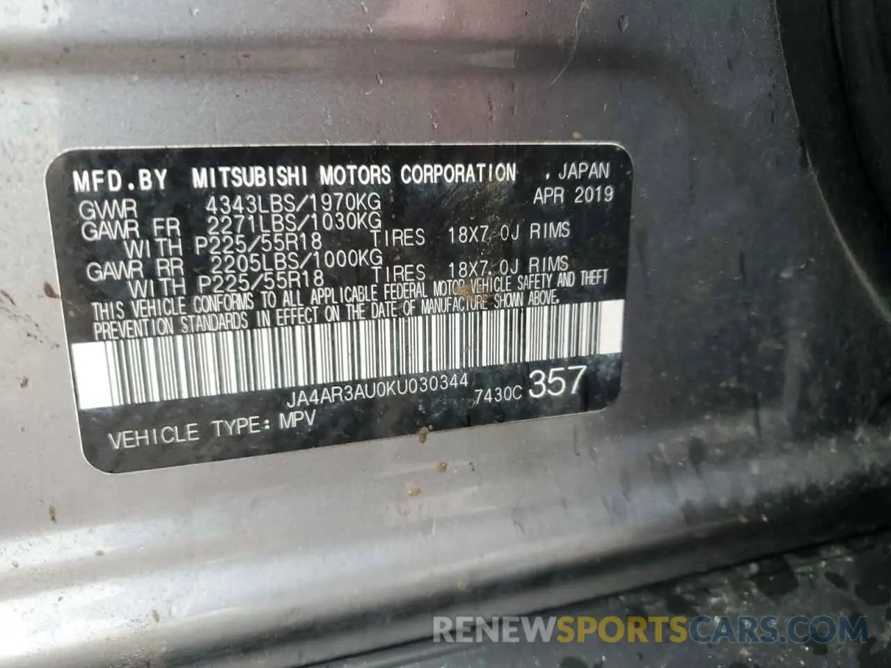 13 Photograph of a damaged car JA4AR3AU0KU030344 MITSUBISHI OUTLANDER 2019