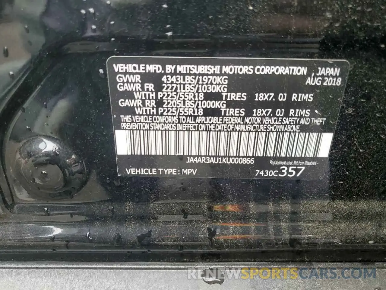 13 Photograph of a damaged car JA4AR3AU1KU000866 MITSUBISHI OUTLANDER 2019