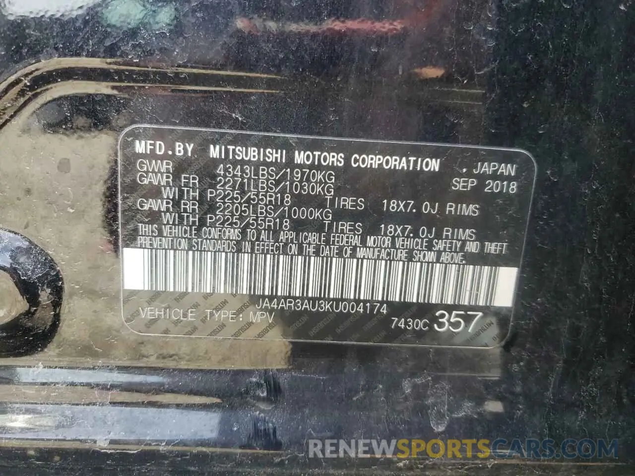 15 Photograph of a damaged car JA4AR3AU3KU004174 MITSUBISHI OUTLANDER 2019