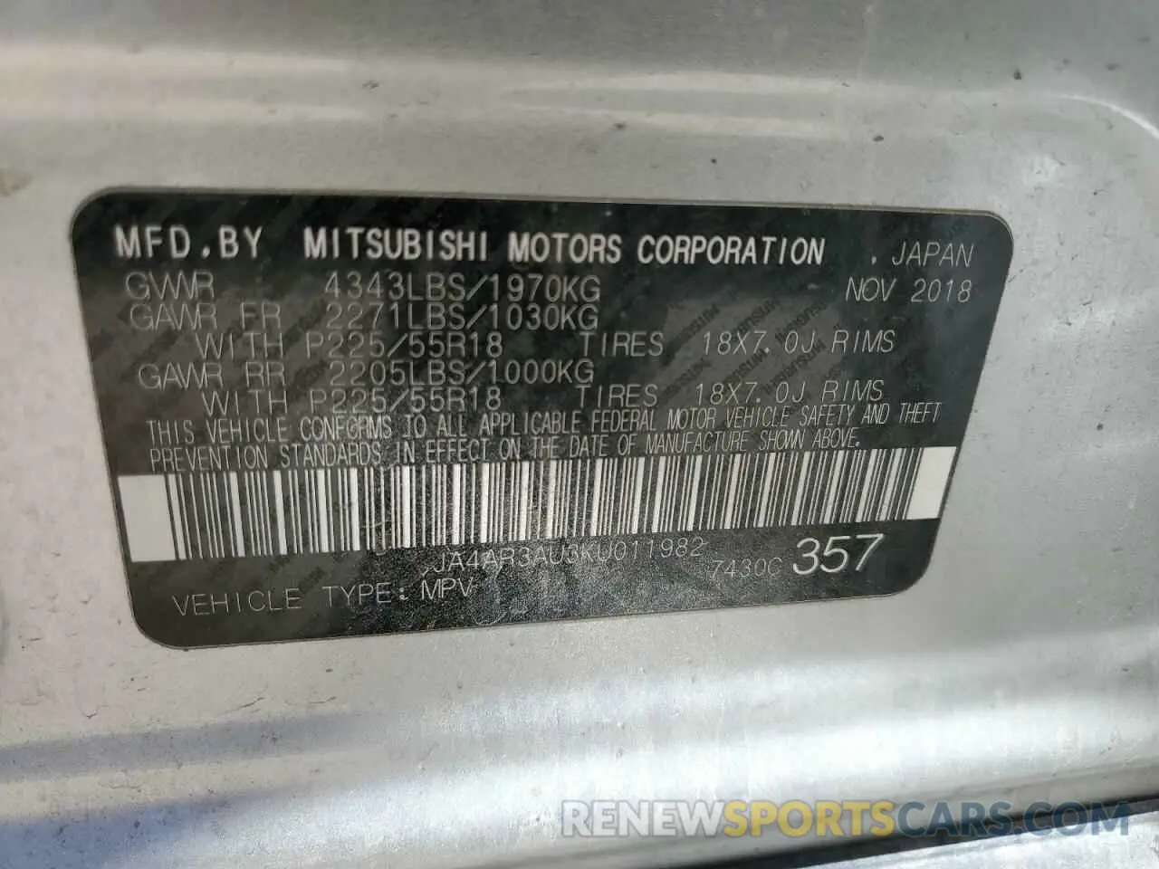 13 Photograph of a damaged car JA4AR3AU3KU011982 MITSUBISHI OUTLANDER 2019