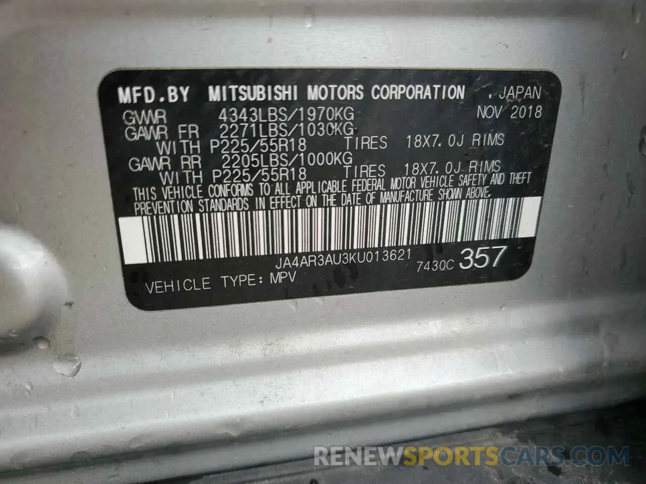 13 Photograph of a damaged car JA4AR3AU3KU013621 MITSUBISHI OUTLANDER 2019