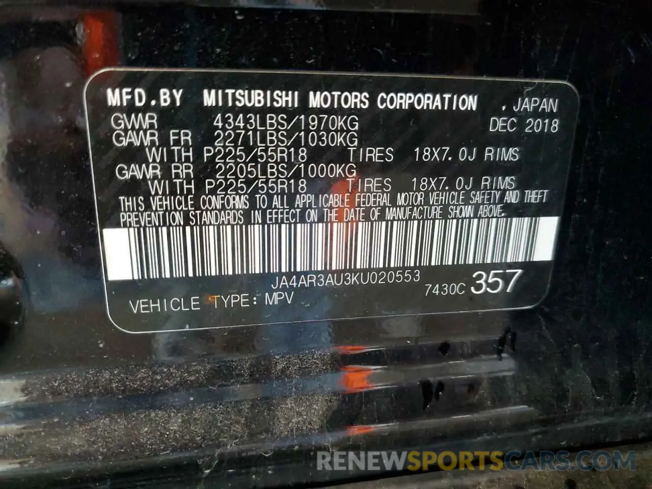14 Photograph of a damaged car JA4AR3AU3KU020553 MITSUBISHI OUTLANDER 2019