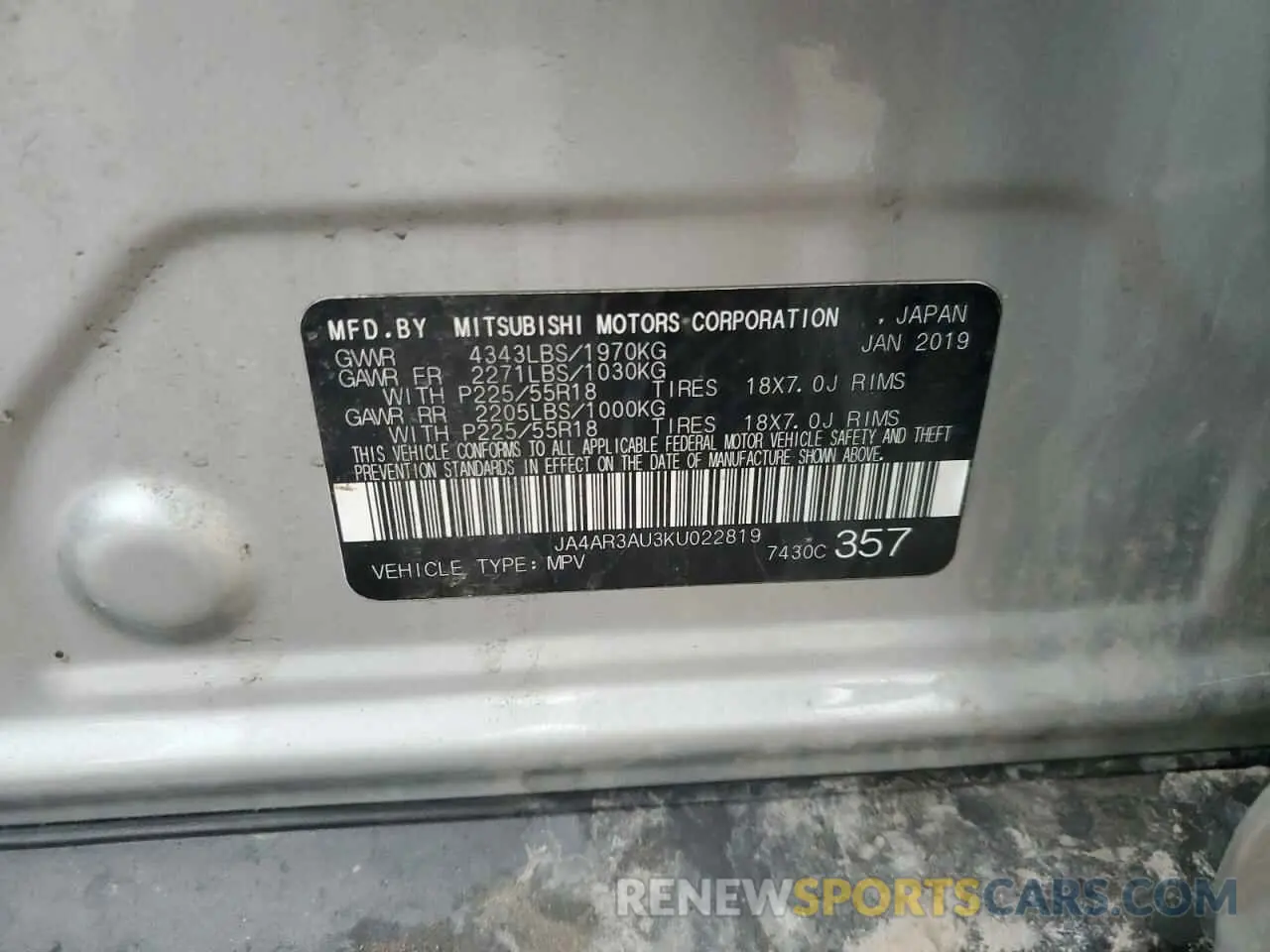 14 Photograph of a damaged car JA4AR3AU3KU022819 MITSUBISHI OUTLANDER 2019