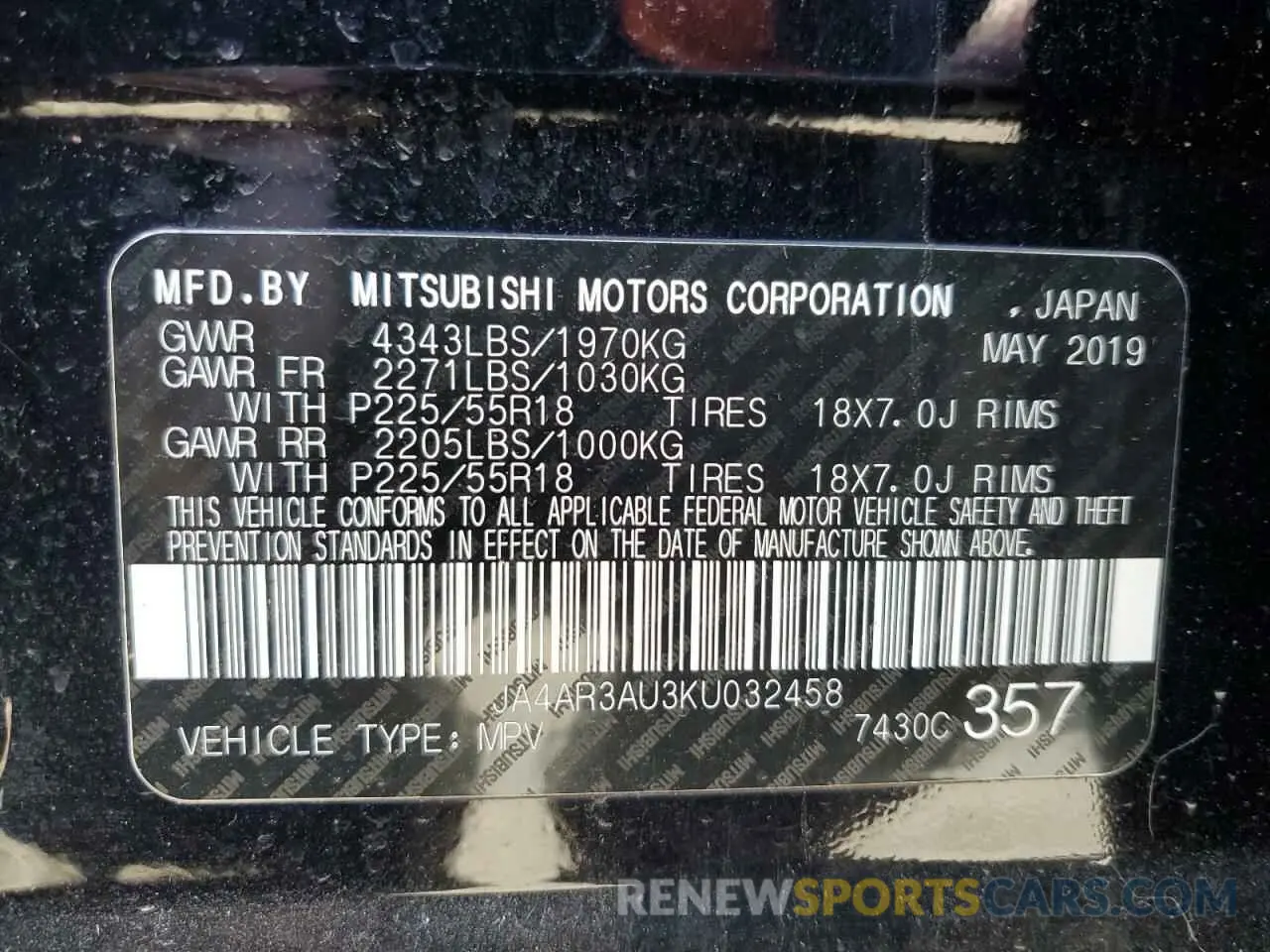 13 Photograph of a damaged car JA4AR3AU3KU032458 MITSUBISHI OUTLANDER 2019