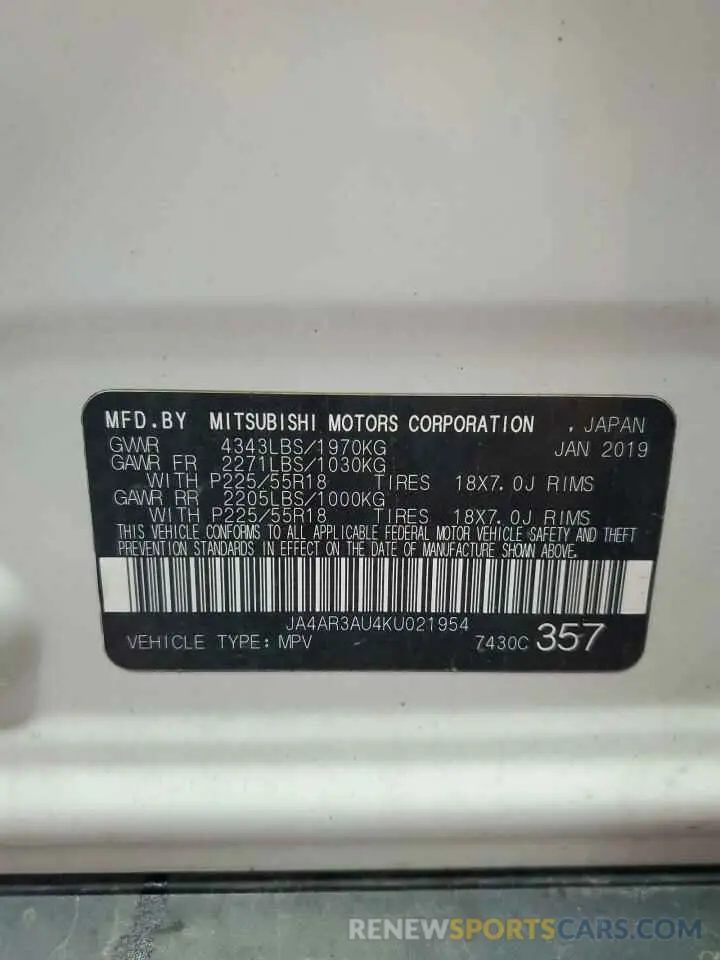 14 Photograph of a damaged car JA4AR3AU4KU021954 MITSUBISHI OUTLANDER 2019