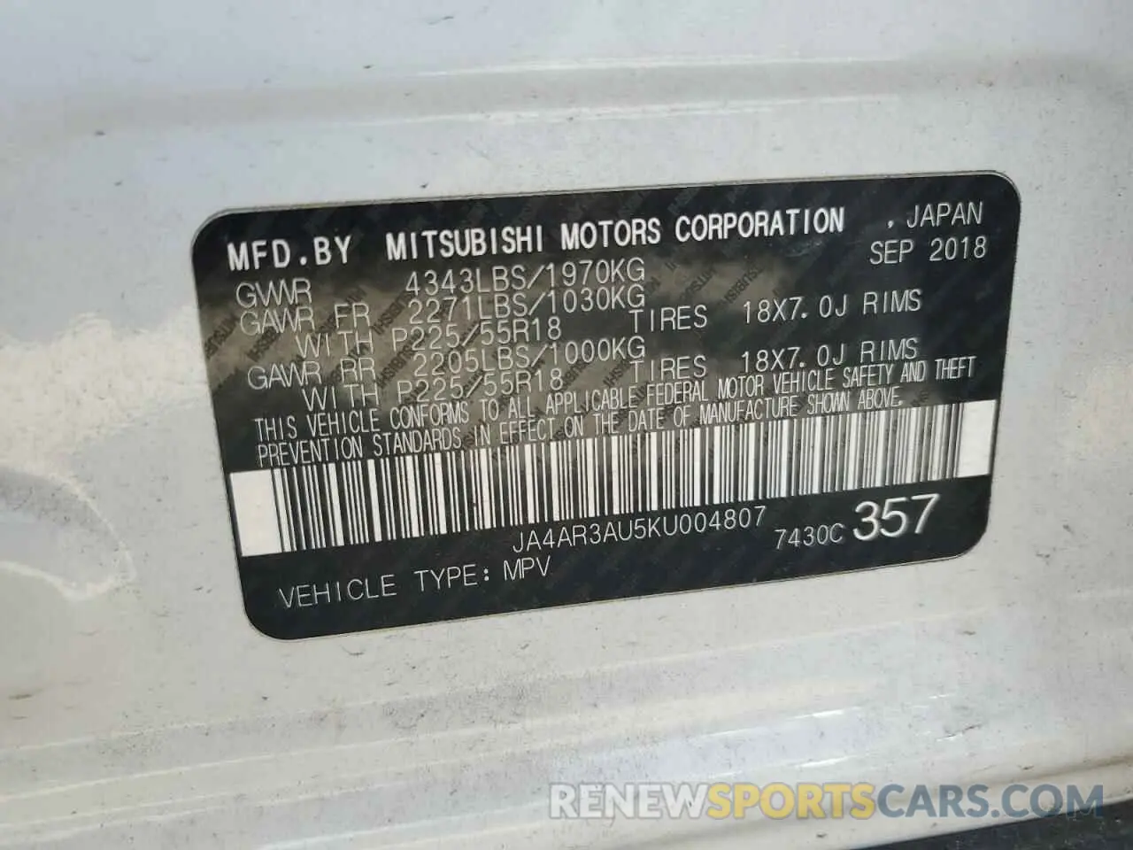 13 Photograph of a damaged car JA4AR3AU5KU004807 MITSUBISHI OUTLANDER 2019