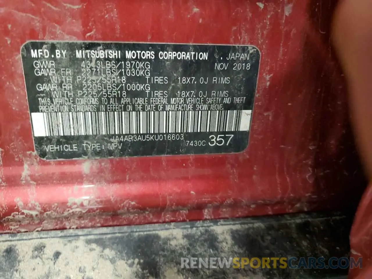 13 Photograph of a damaged car JA4AR3AU5KU016603 MITSUBISHI OUTLANDER 2019