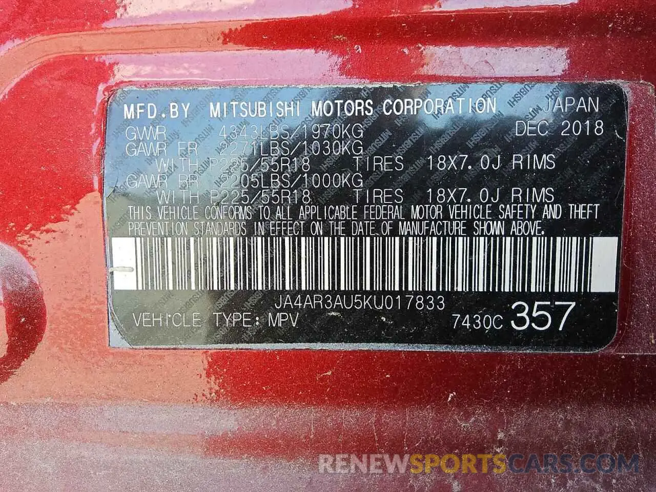 13 Photograph of a damaged car JA4AR3AU5KU017833 MITSUBISHI OUTLANDER 2019