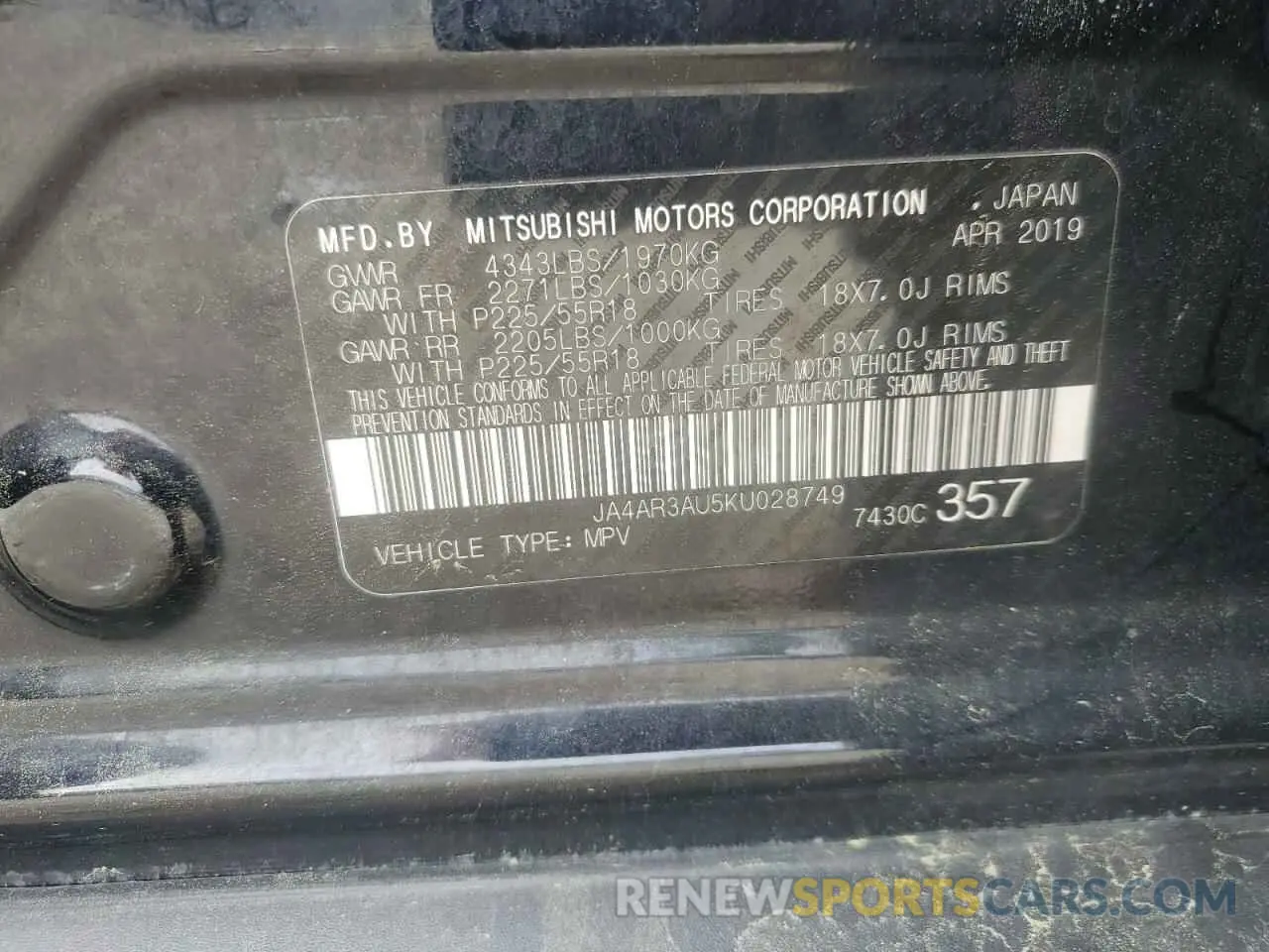 14 Photograph of a damaged car JA4AR3AU5KU028749 MITSUBISHI OUTLANDER 2019