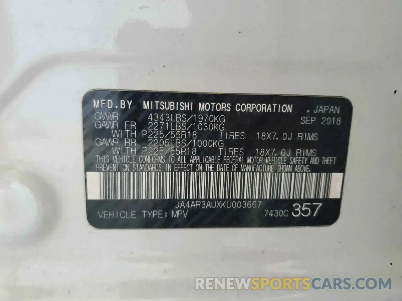 13 Photograph of a damaged car JA4AR3AUXKU003667 MITSUBISHI OUTLANDER 2019