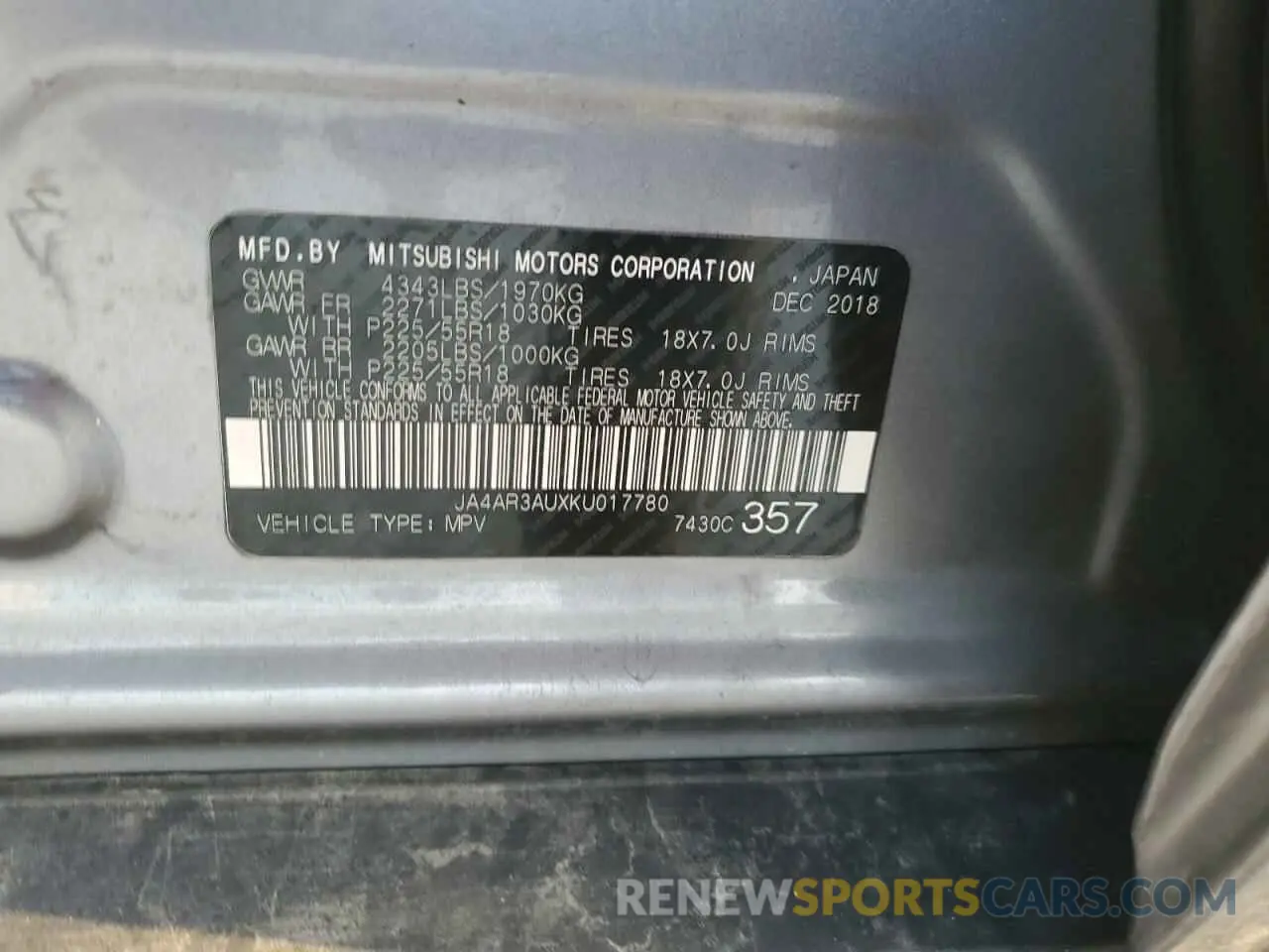 12 Photograph of a damaged car JA4AR3AUXKU017780 MITSUBISHI OUTLANDER 2019