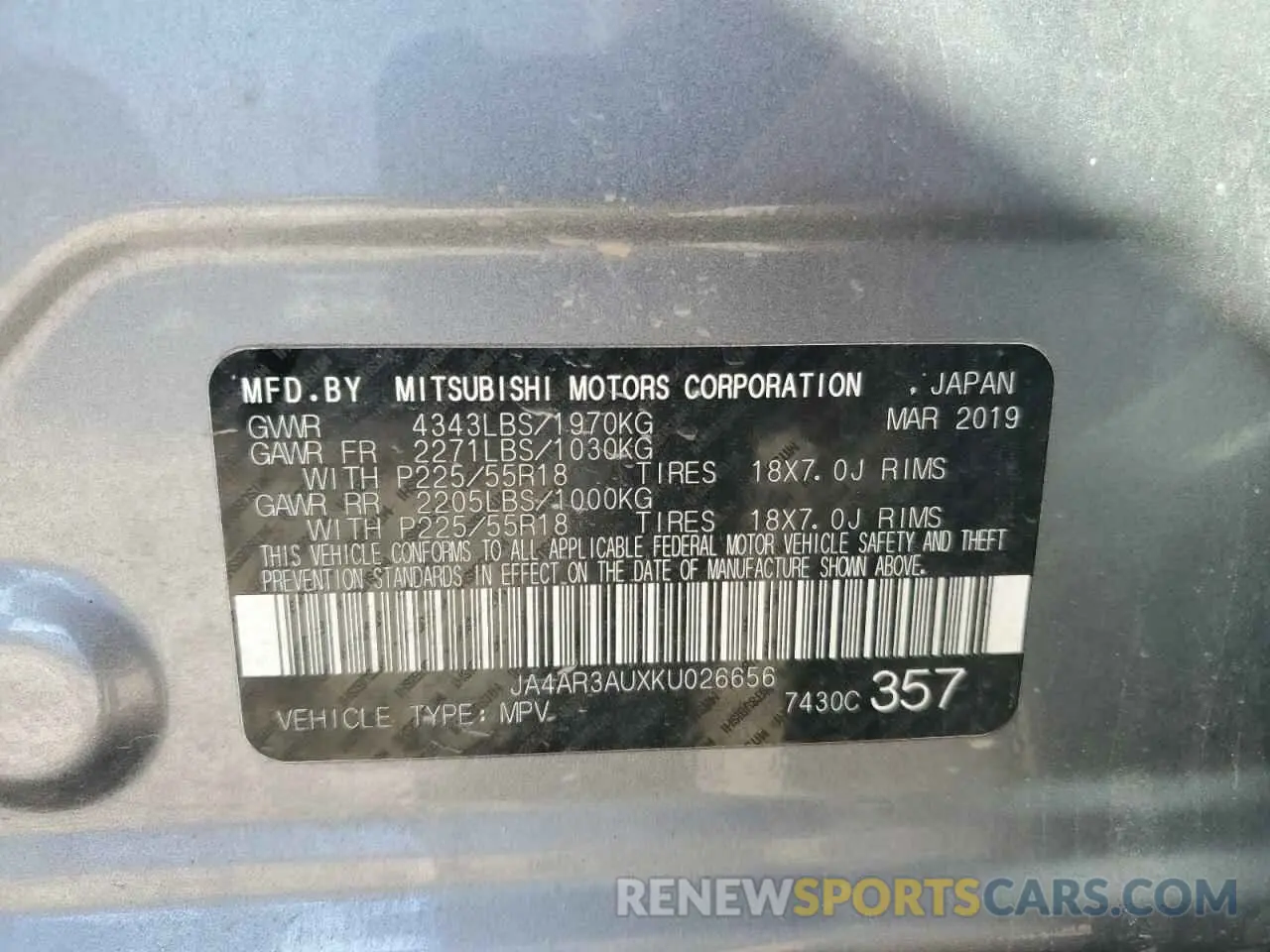 13 Photograph of a damaged car JA4AR3AUXKU026656 MITSUBISHI OUTLANDER 2019