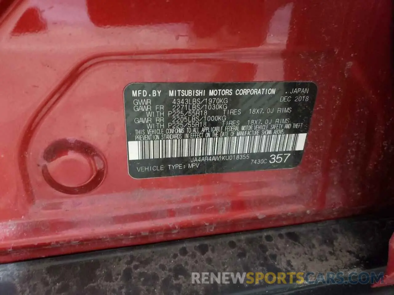 15 Photograph of a damaged car JA4AR4AW1KU018355 MITSUBISHI OUTLANDER 2019