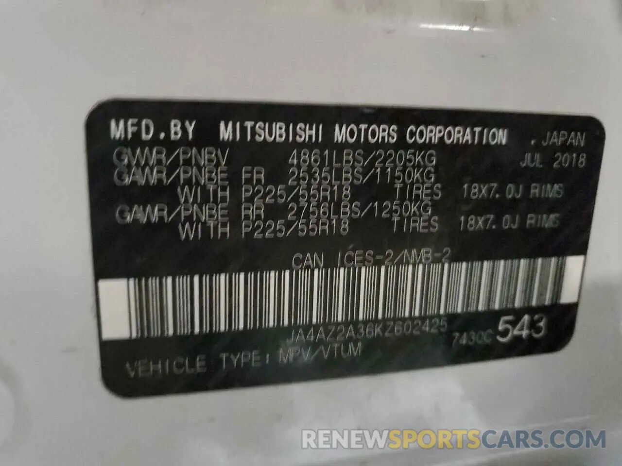 14 Photograph of a damaged car JA4AZ2A36KZ602425 MITSUBISHI OUTLANDER 2019
