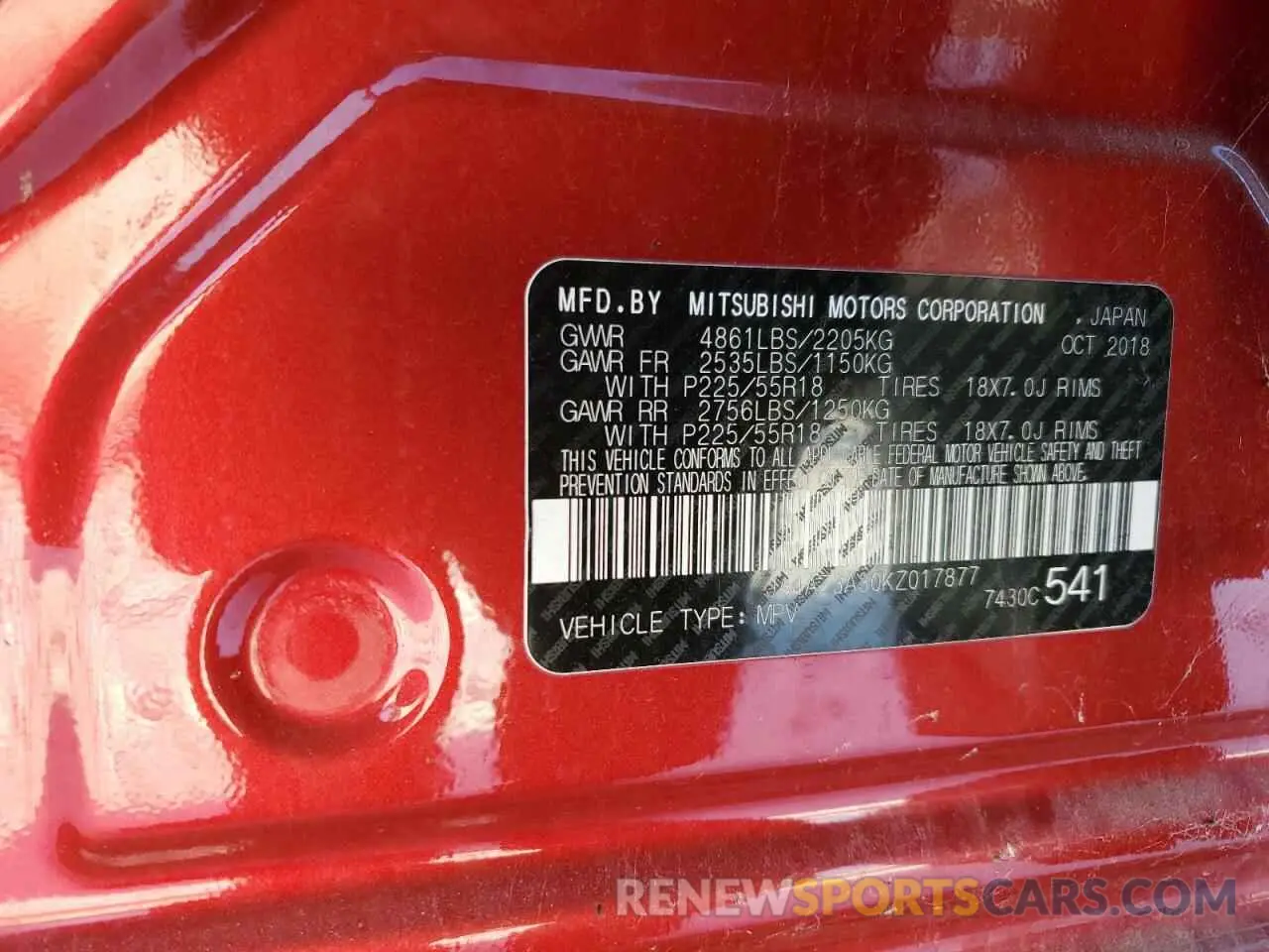 12 Photograph of a damaged car JA4AZ3A30KZ017877 MITSUBISHI OUTLANDER 2019