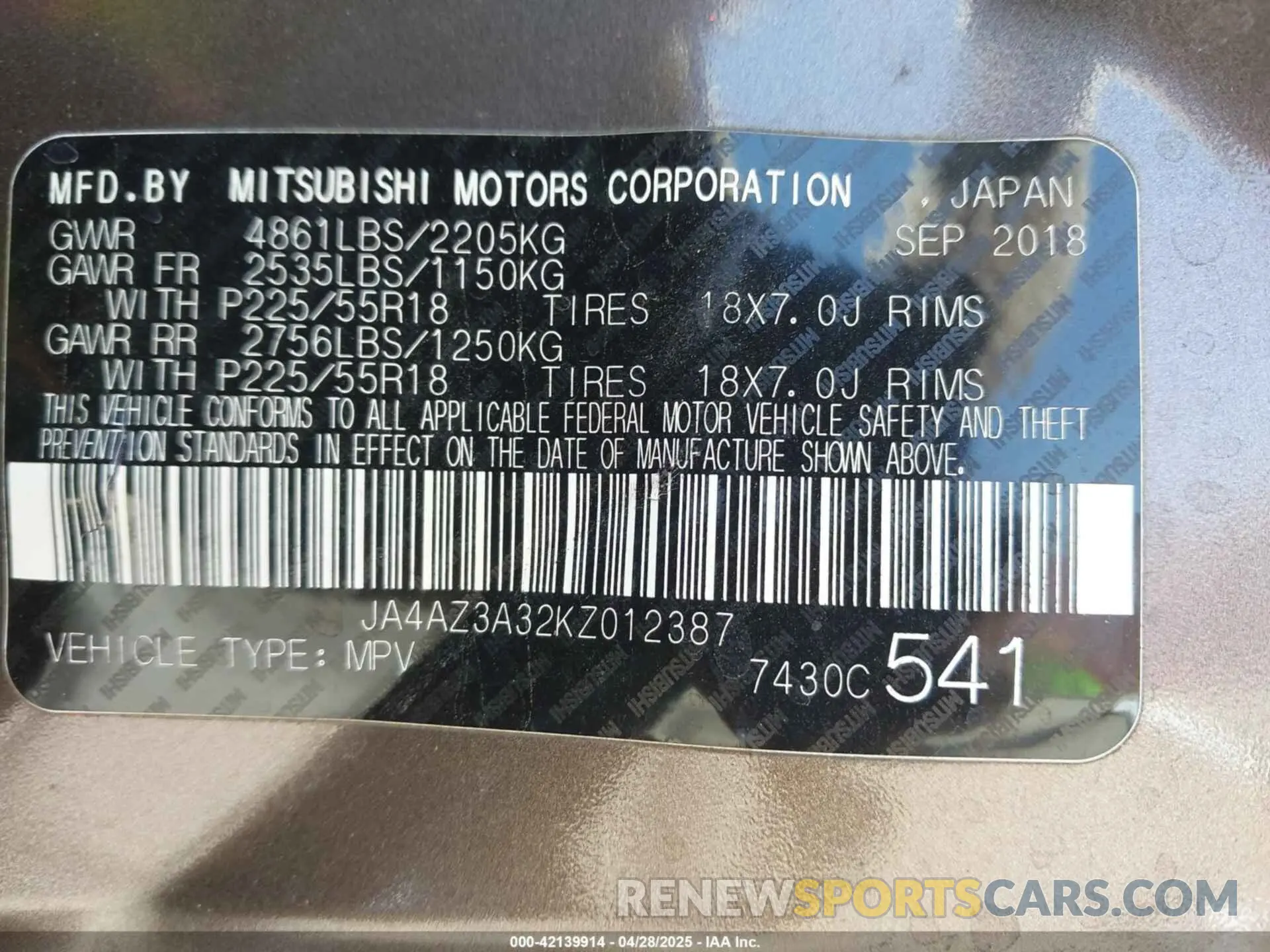 9 Photograph of a damaged car JA4AZ3A32KZ012387 MITSUBISHI OUTLANDER 2019