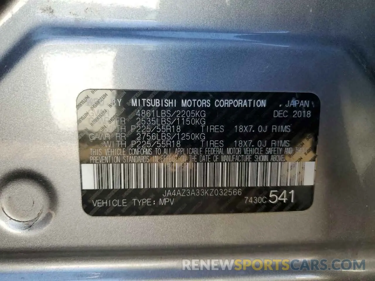 14 Photograph of a damaged car JA4AZ3A33KZ032566 MITSUBISHI OUTLANDER 2019