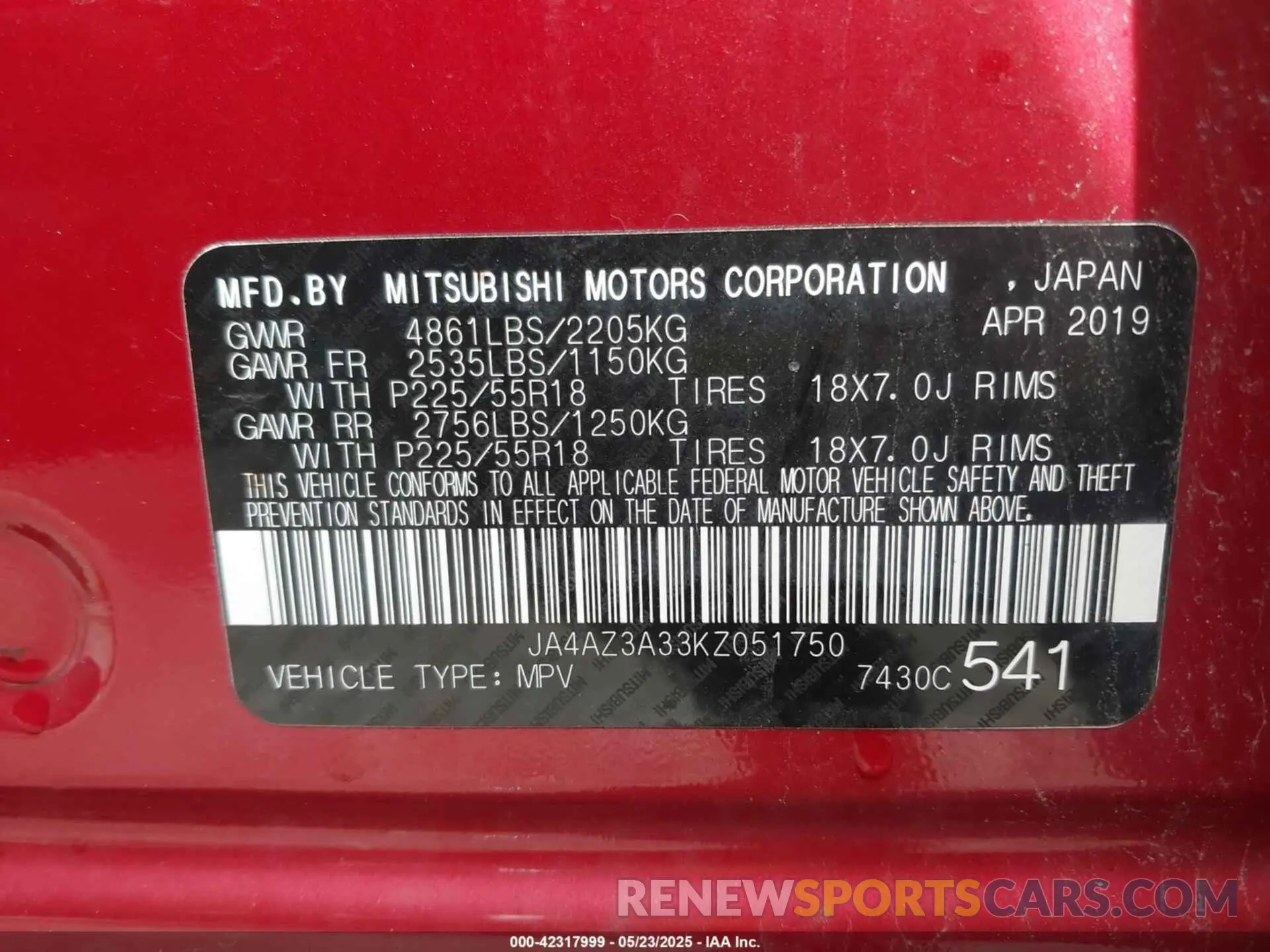 9 Photograph of a damaged car JA4AZ3A33KZ051750 MITSUBISHI OUTLANDER 2019