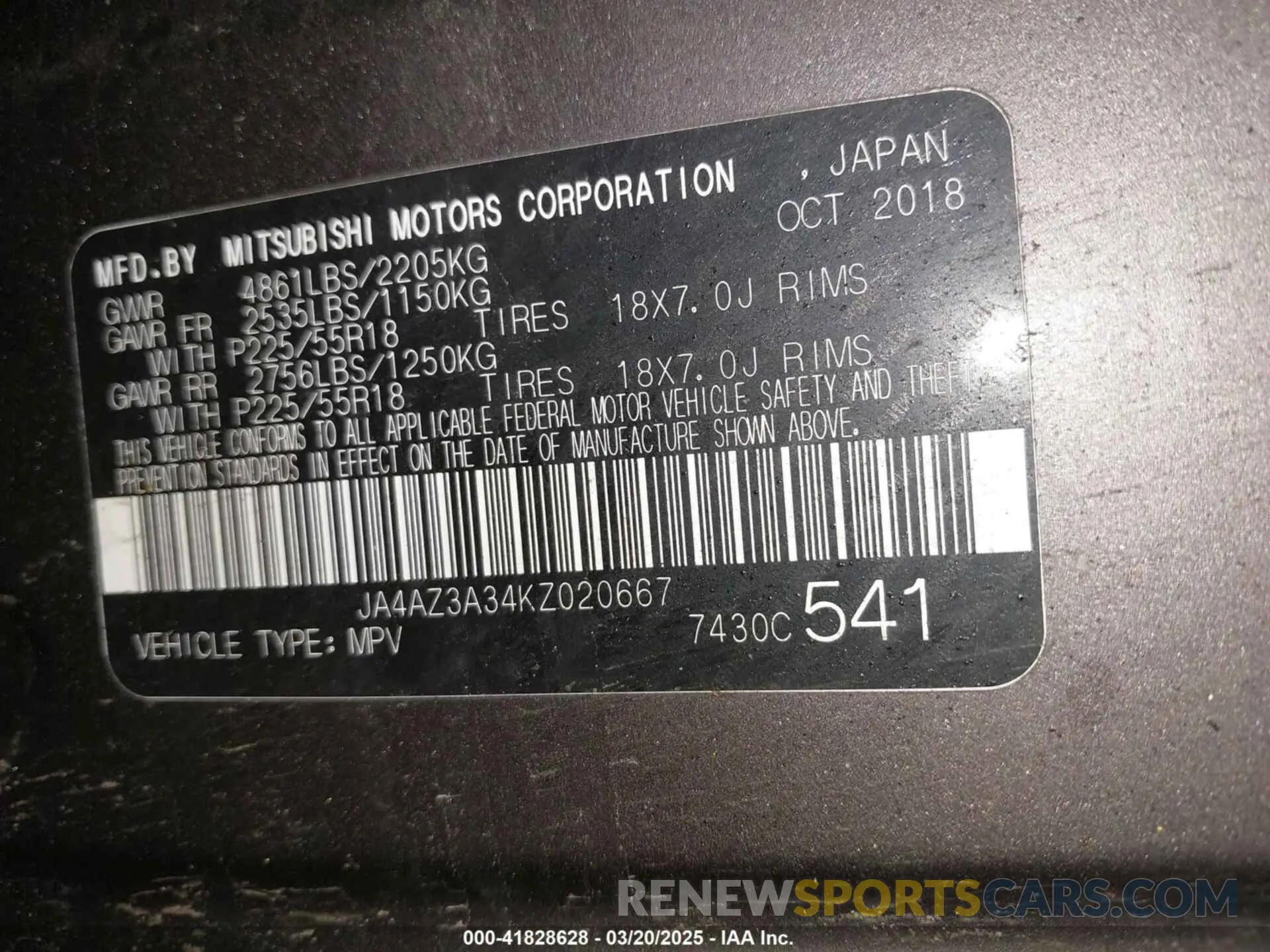 9 Photograph of a damaged car JA4AZ3A34KZ020667 MITSUBISHI OUTLANDER 2019