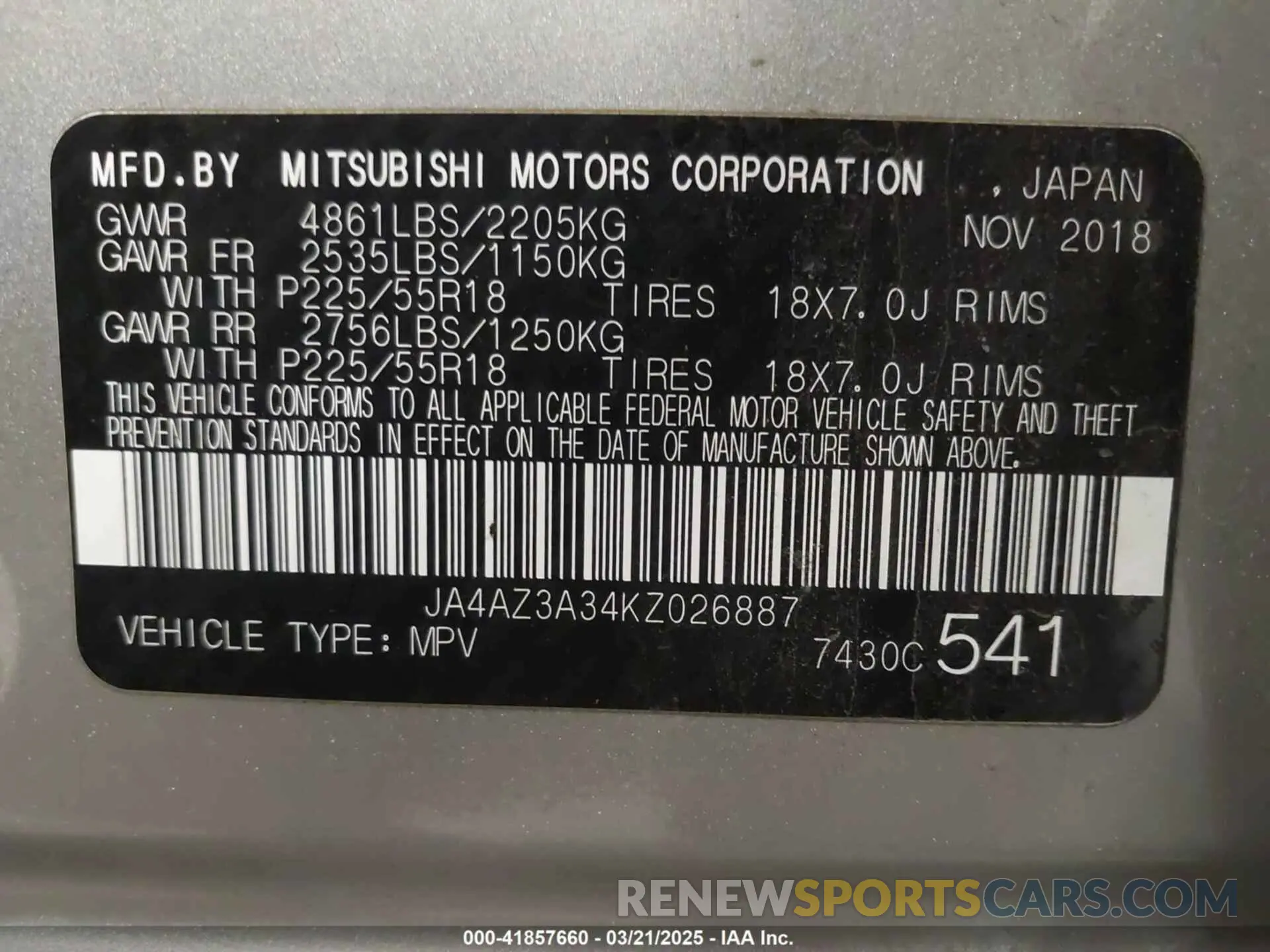 9 Photograph of a damaged car JA4AZ3A34KZ026887 MITSUBISHI OUTLANDER 2019