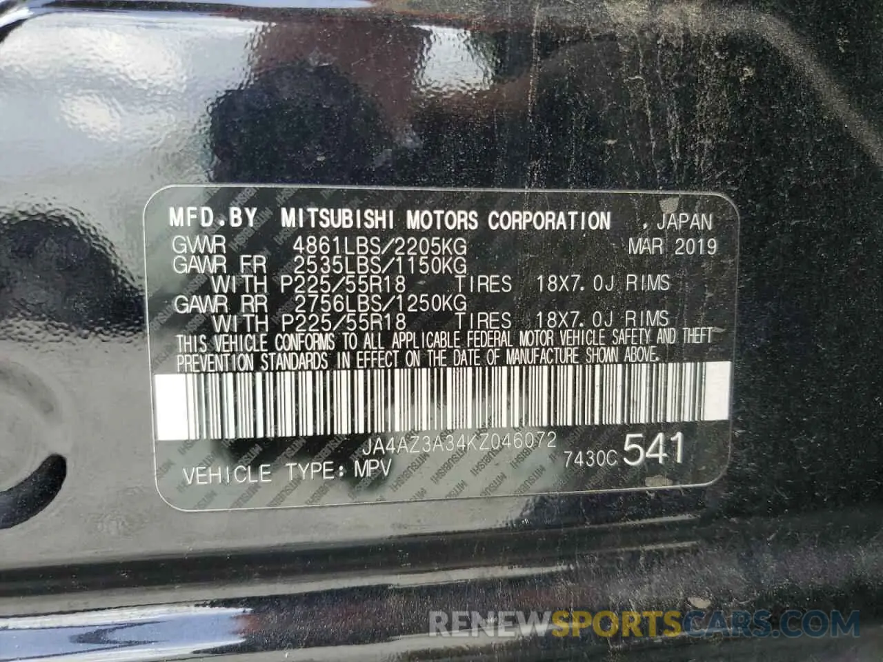 13 Photograph of a damaged car JA4AZ3A34KZ046072 MITSUBISHI OUTLANDER 2019