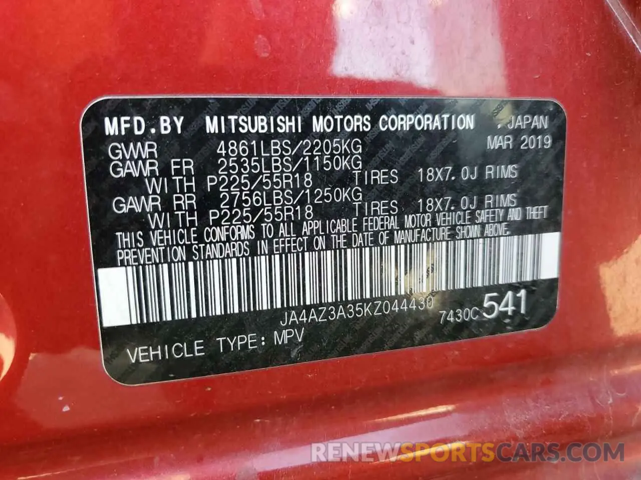 13 Photograph of a damaged car JA4AZ3A35KZ044430 MITSUBISHI OUTLANDER 2019