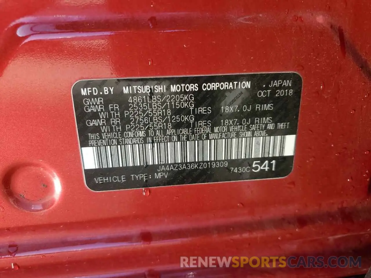 13 Photograph of a damaged car JA4AZ3A36KZ019309 MITSUBISHI OUTLANDER 2019