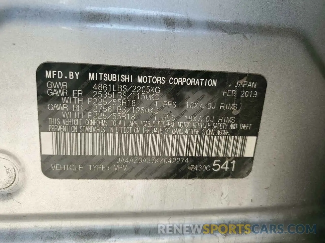 13 Photograph of a damaged car JA4AZ3A37KZ042274 MITSUBISHI OUTLANDER 2019