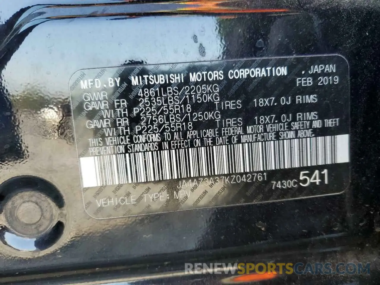 15 Photograph of a damaged car JA4AZ3A37KZ042761 MITSUBISHI OUTLANDER 2019