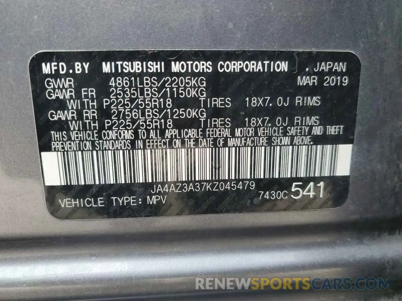 14 Photograph of a damaged car JA4AZ3A37KZ045479 MITSUBISHI OUTLANDER 2019