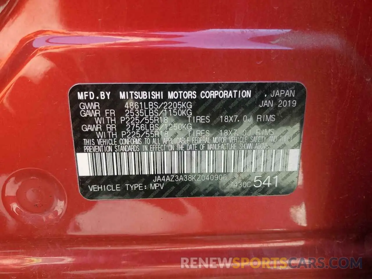 13 Photograph of a damaged car JA4AZ3A38KZ040906 MITSUBISHI OUTLANDER 2019
