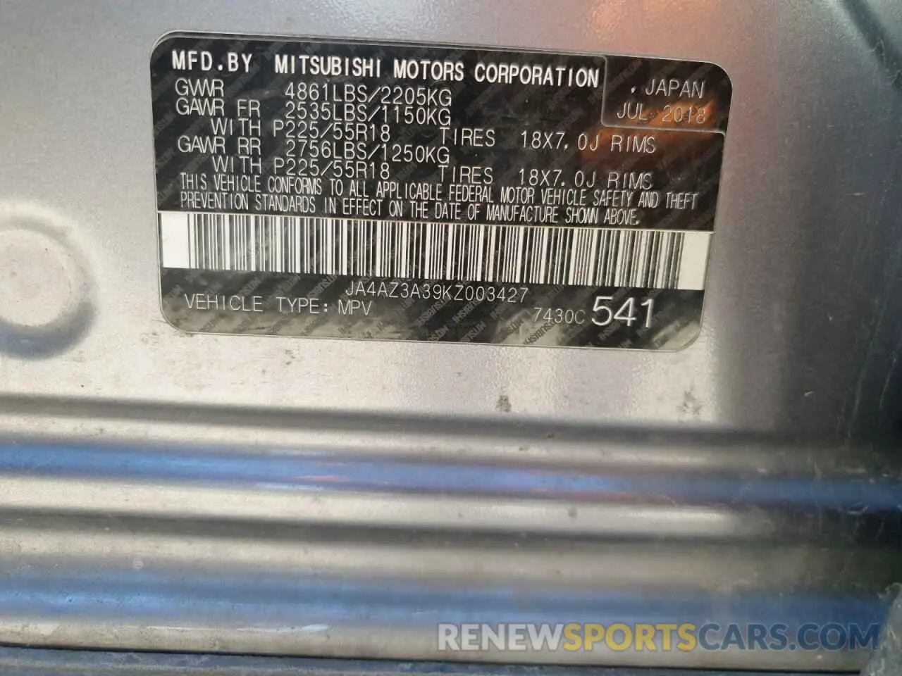 13 Photograph of a damaged car JA4AZ3A39KZ003427 MITSUBISHI OUTLANDER 2019