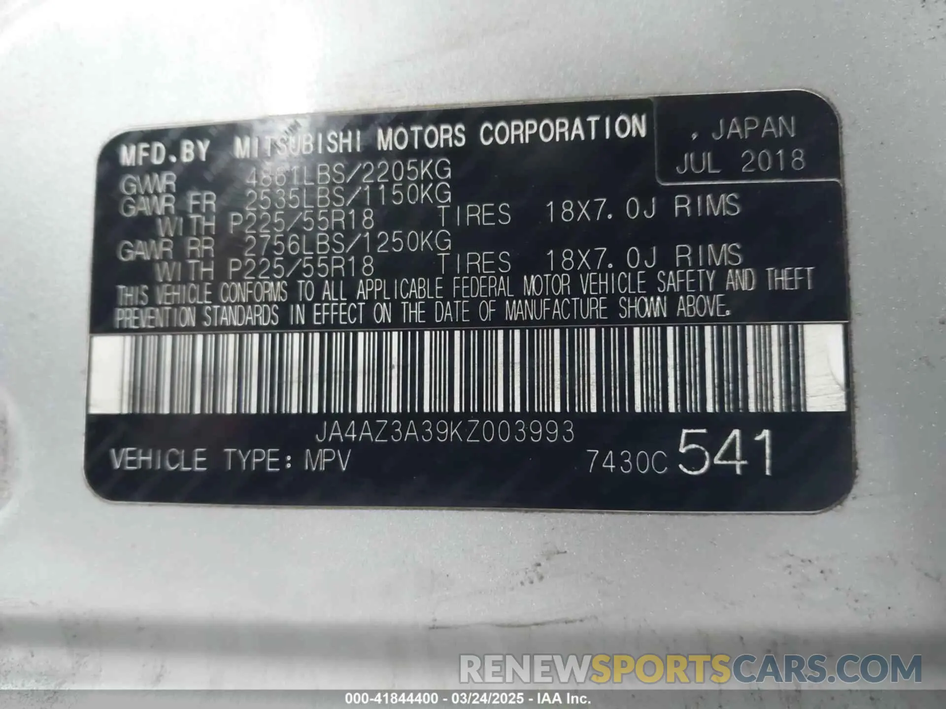9 Photograph of a damaged car JA4AZ3A39KZ003993 MITSUBISHI OUTLANDER 2019