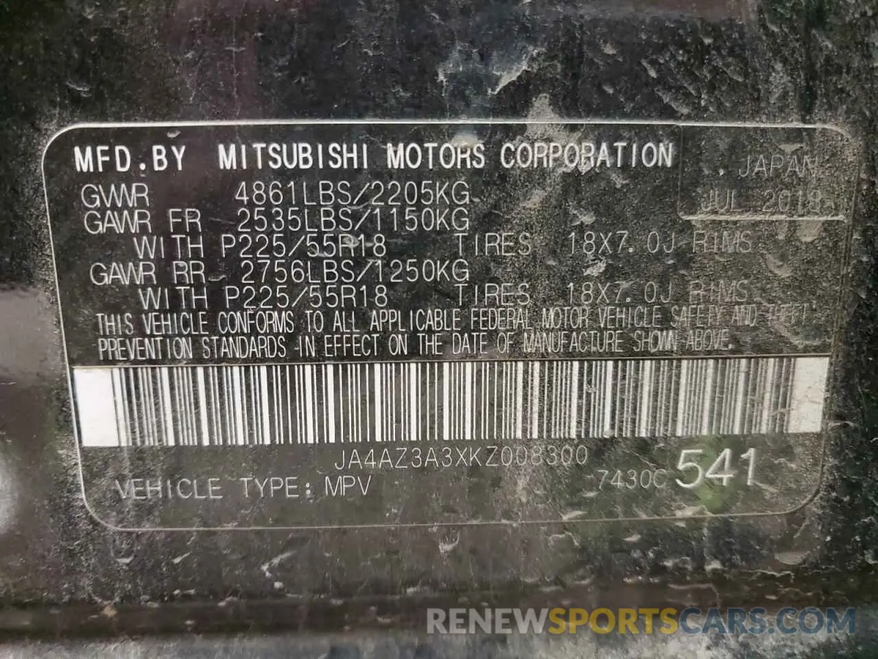 14 Photograph of a damaged car JA4AZ3A3XKZ008300 MITSUBISHI OUTLANDER 2019