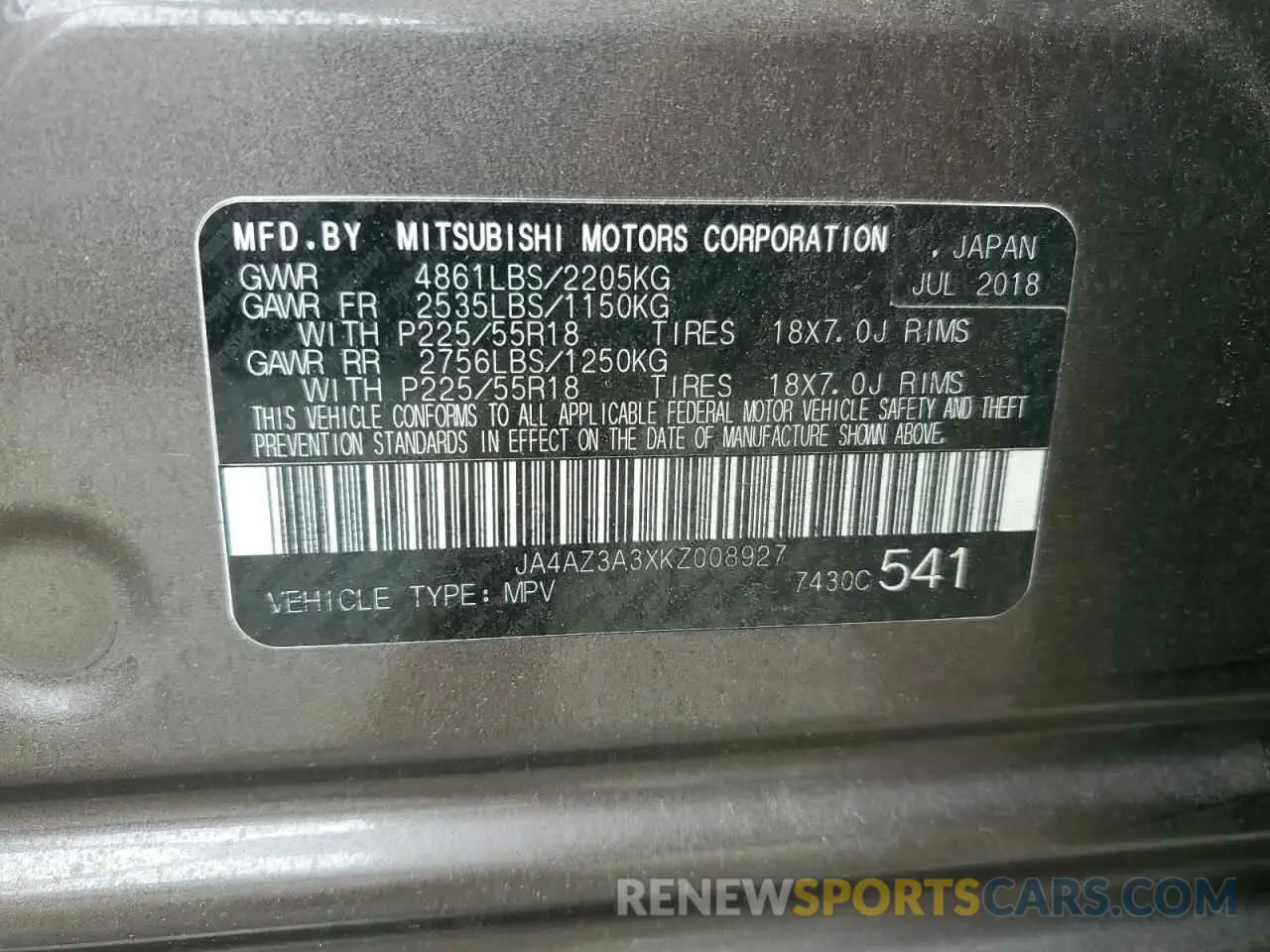 13 Photograph of a damaged car JA4AZ3A3XKZ008927 MITSUBISHI OUTLANDER 2019