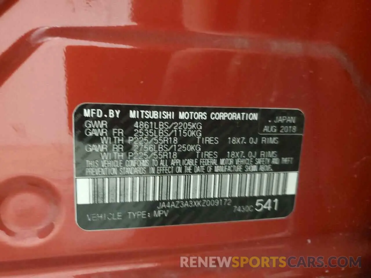15 Photograph of a damaged car JA4AZ3A3XKZ009172 MITSUBISHI OUTLANDER 2019