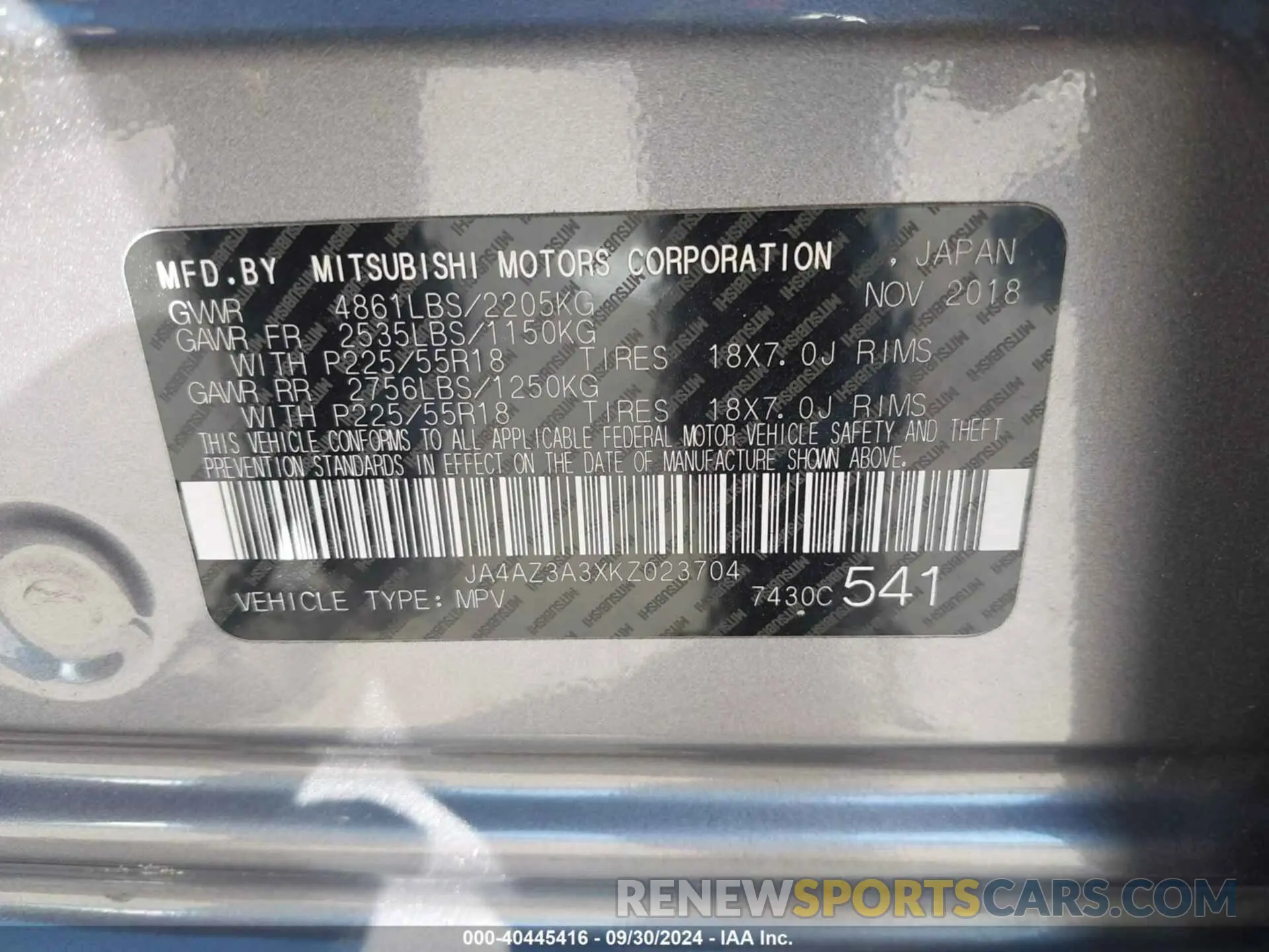 9 Photograph of a damaged car JA4AZ3A3XKZ023704 MITSUBISHI OUTLANDER 2019
