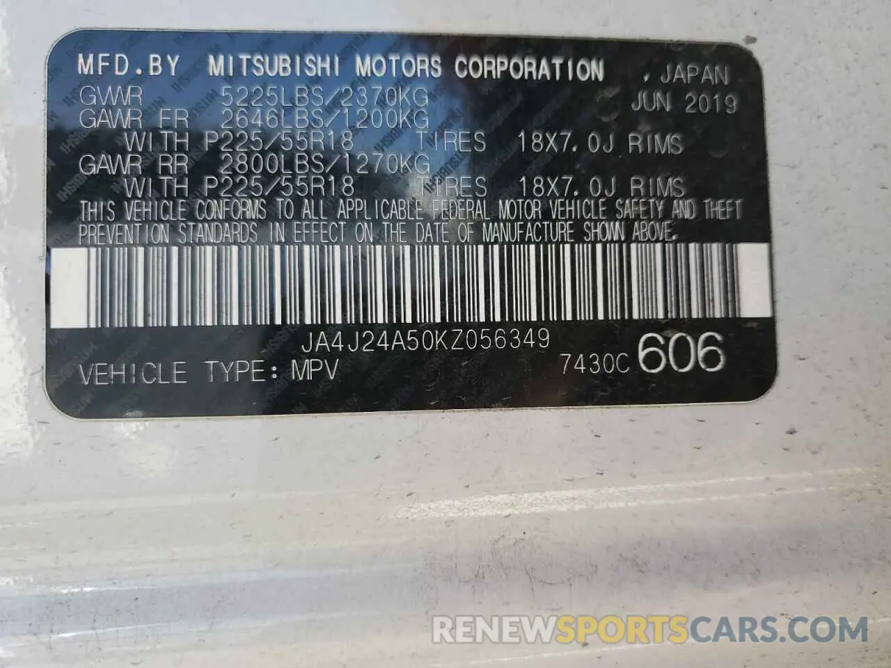 14 Photograph of a damaged car JA4J24A50KZ056349 MITSUBISHI OUTLANDER 2019