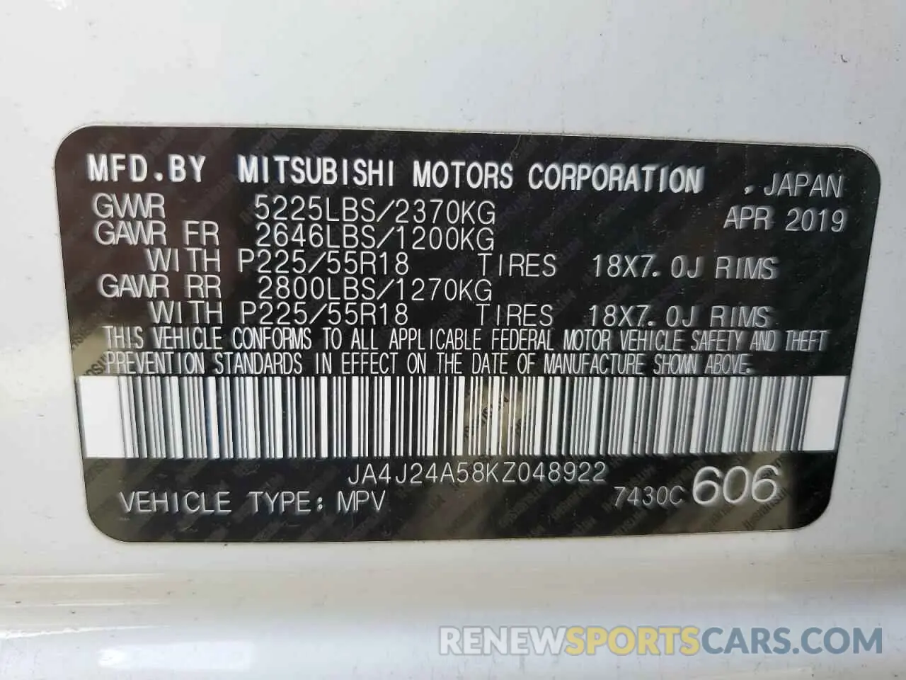 13 Photograph of a damaged car JA4J24A58KZ048922 MITSUBISHI OUTLANDER 2019