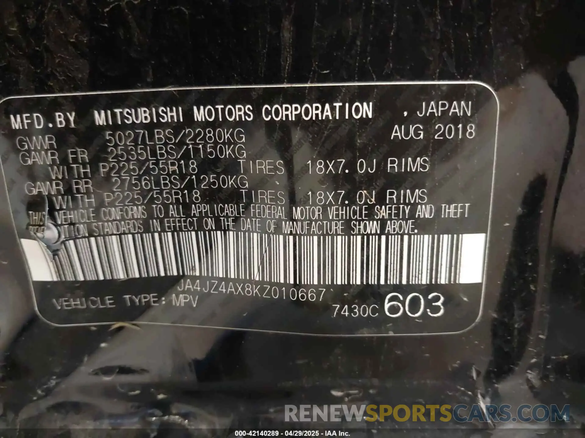 9 Photograph of a damaged car JA4JZ4AX8KZ010667 MITSUBISHI OUTLANDER 2019