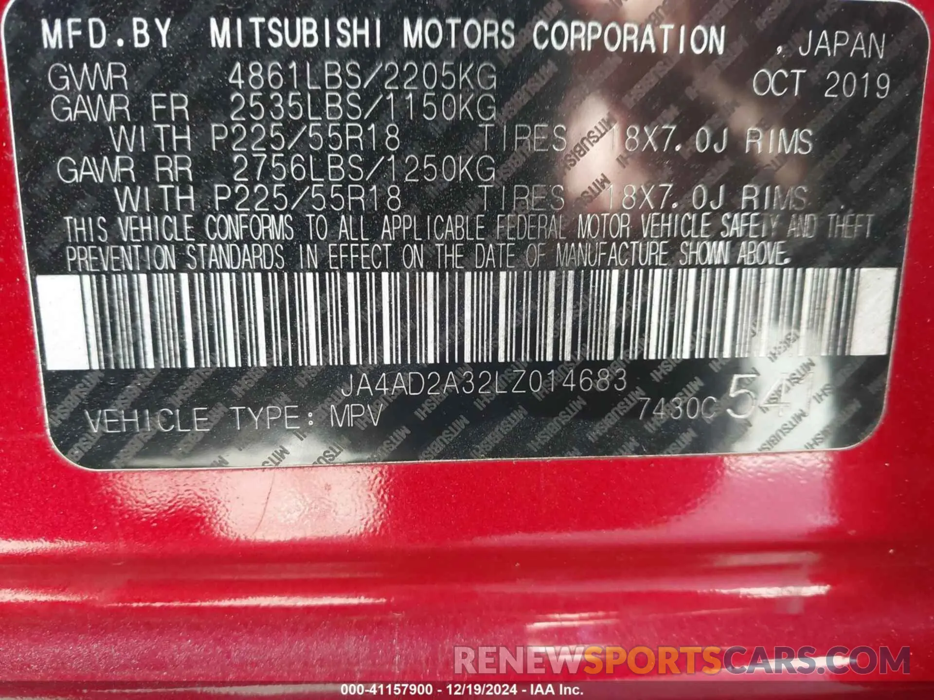 9 Photograph of a damaged car JA4AD2A32LZ014683 MITSUBISHI OUTLANDER 2020