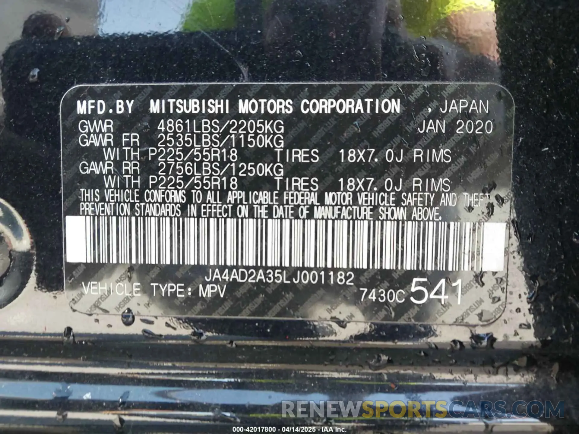 9 Photograph of a damaged car JA4AD2A35LJ001182 MITSUBISHI OUTLANDER 2020