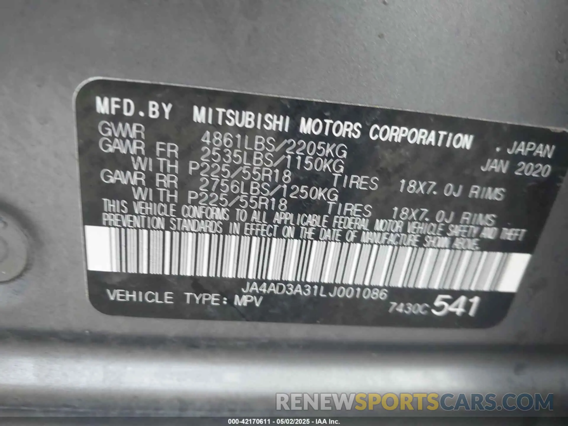 9 Photograph of a damaged car JA4AD3A31LJ001086 MITSUBISHI OUTLANDER 2020