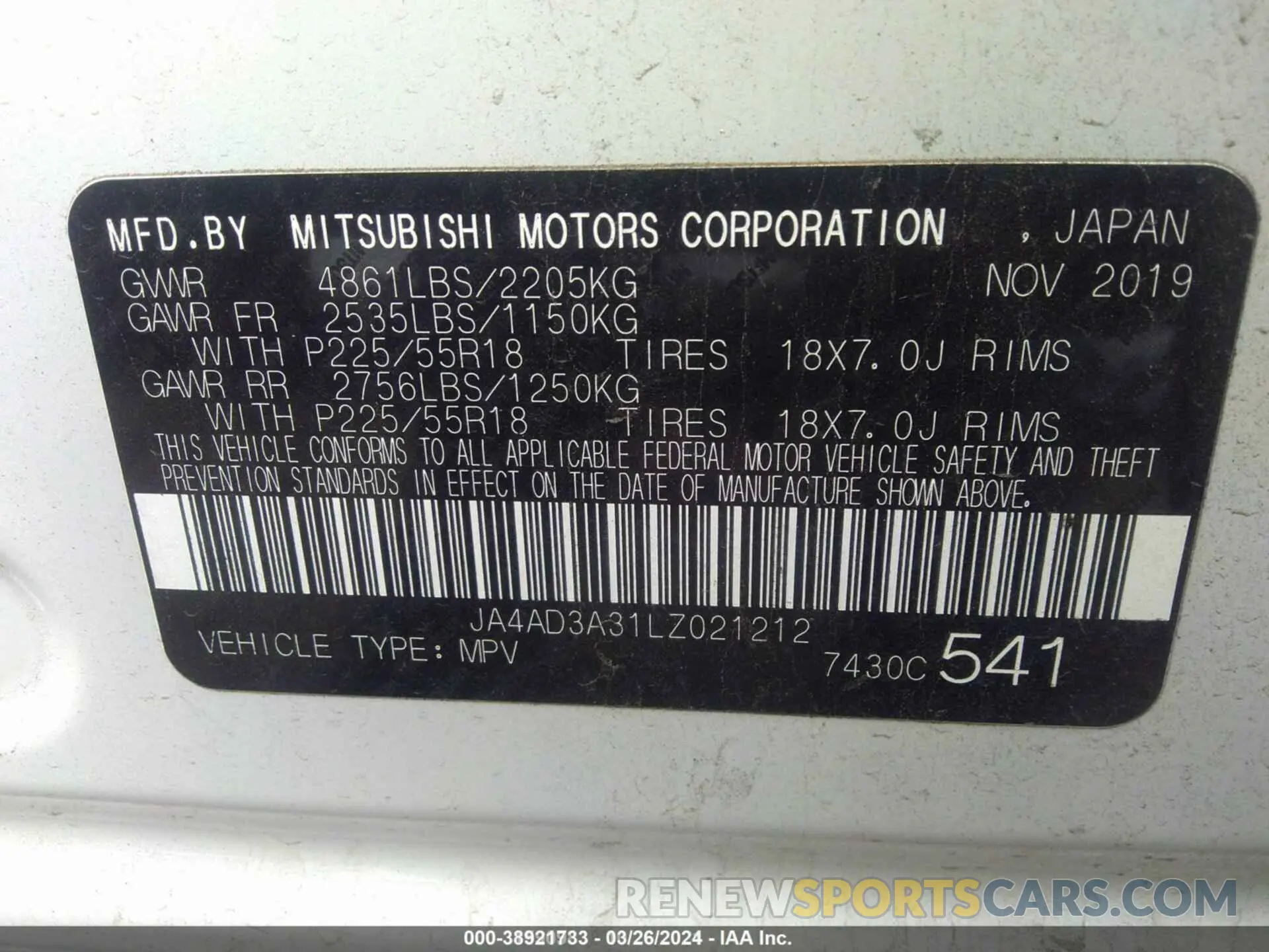 9 Photograph of a damaged car JA4AD3A31LZ021212 MITSUBISHI OUTLANDER 2020