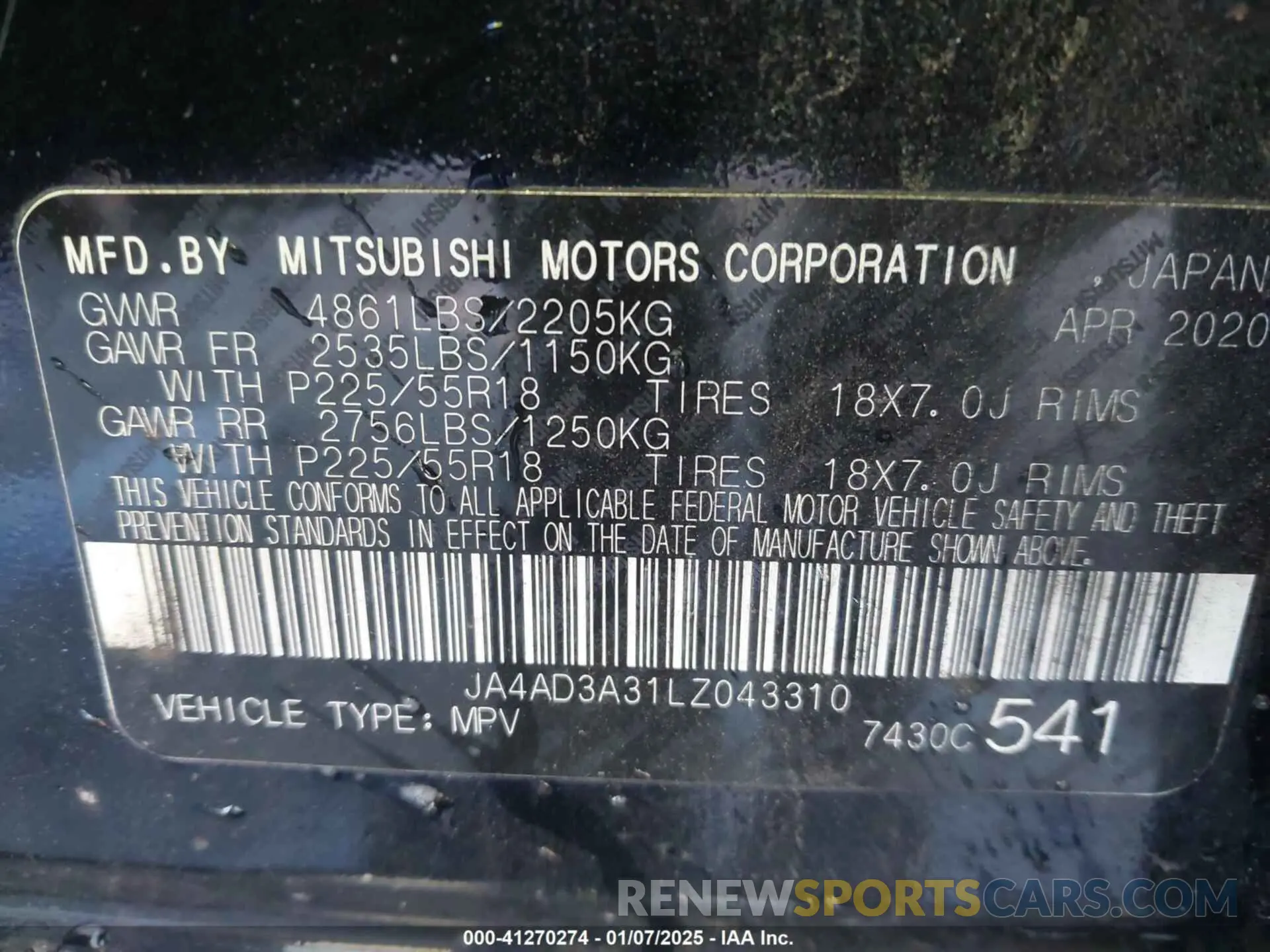 9 Photograph of a damaged car JA4AD3A31LZ043310 MITSUBISHI OUTLANDER 2020