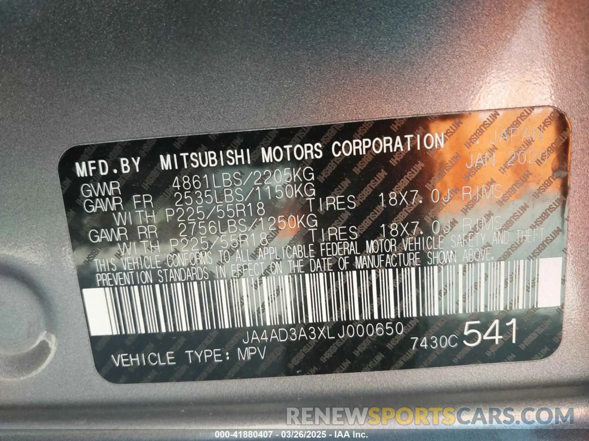 9 Photograph of a damaged car JA4AD3A3XLJ000650 MITSUBISHI OUTLANDER 2020